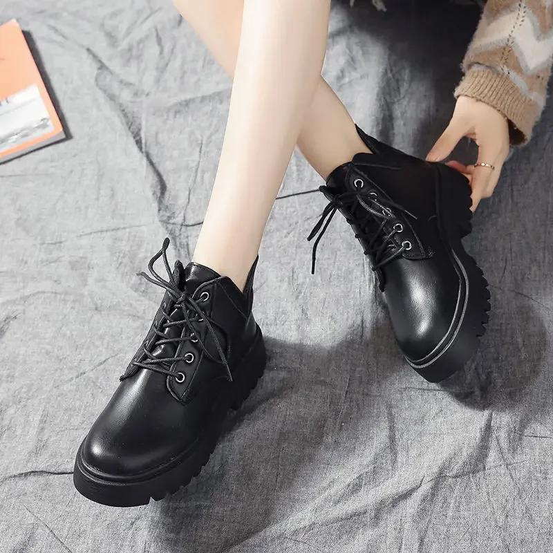 Fashion Lace-up Women's Ankle Boots With Laces Female Short Shoes Leather Round Toe Winter 2024 Fashion Y2k New In Spring Trend Booties