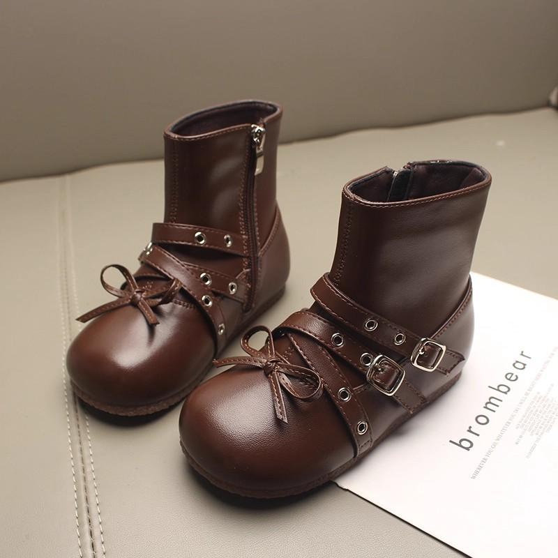 Children's Fashion Soft Bottom Ankle Boots Girls Bow Leather Boots