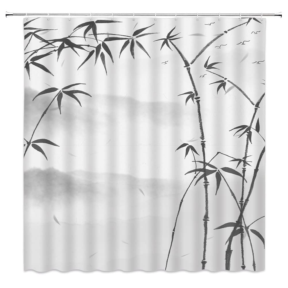 Landscape Shower Curtain Spring Season Pink Flower and Pavilion Scenery on Lake Chinese Style Bathroom Decor Hanging Curtain with Hooks