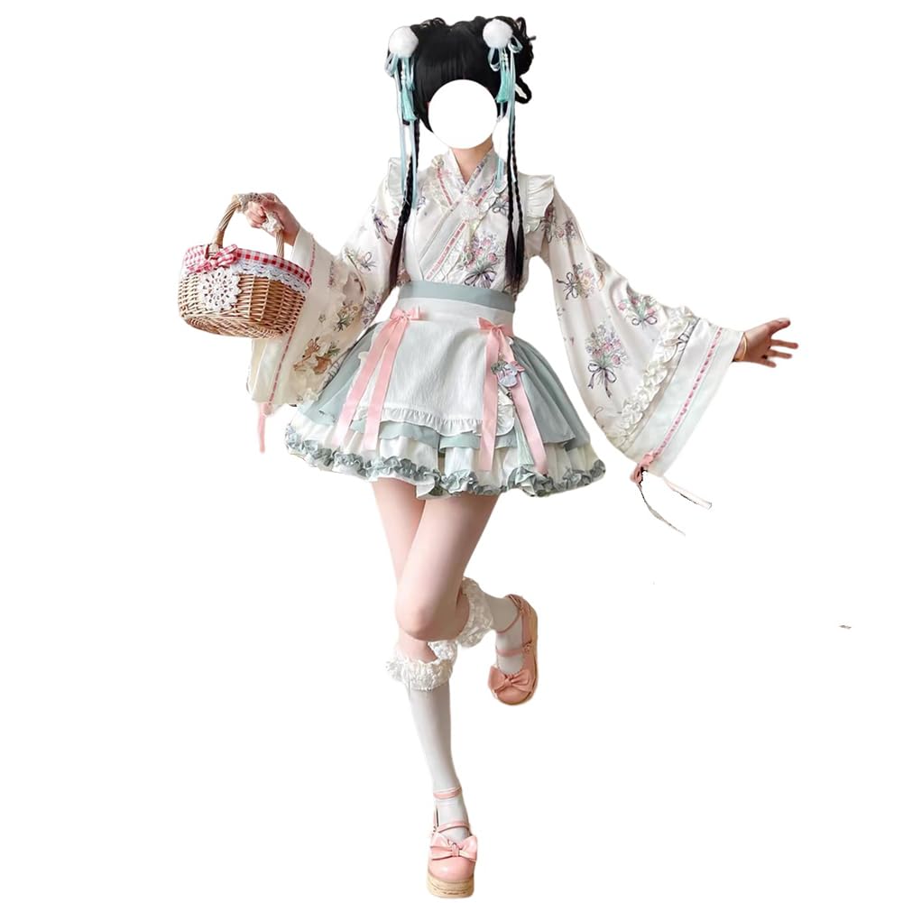 

Комплект горничной с мини-юбкой клеш с китайским принтом и бантом Идеально подходит для повседневной носки и аниме-конвенций Размер [SDSXZWG] Женский 4 предмета Юбка, Стиль, Отделка, зелёный