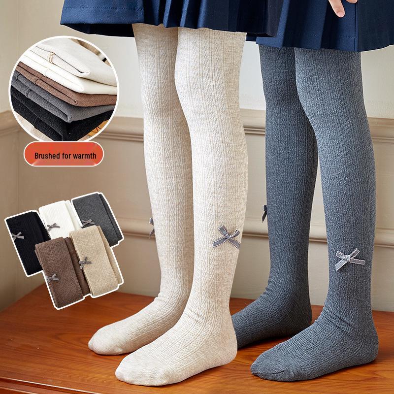 Kids' Winter Plus Velvet Thickened Knit Tights with Bow - Combed Cotton Cable Knit