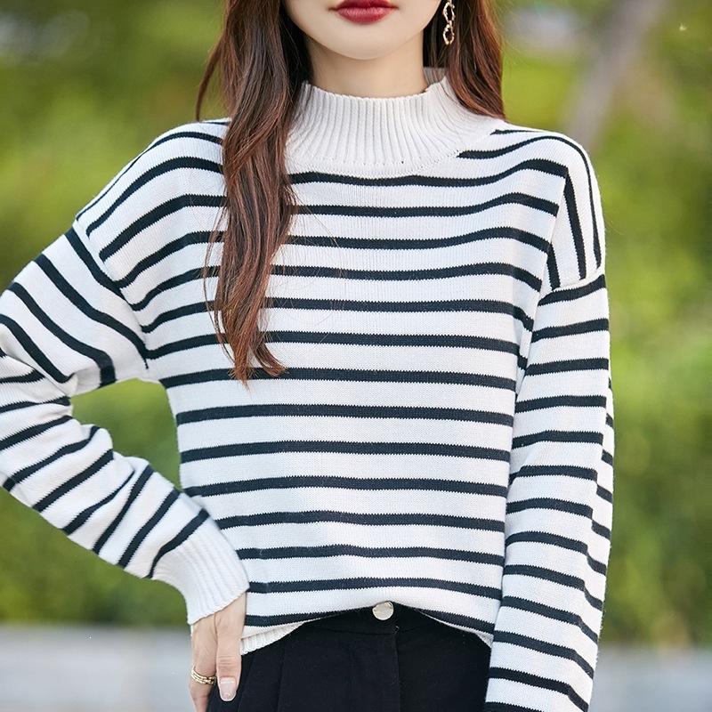 Thick Semi-high-neck Knitted Sweater, Loose Base Layer Shirt, Color-block Stripes, Long Sleeves, Fall/winter Sweater, Women's Top