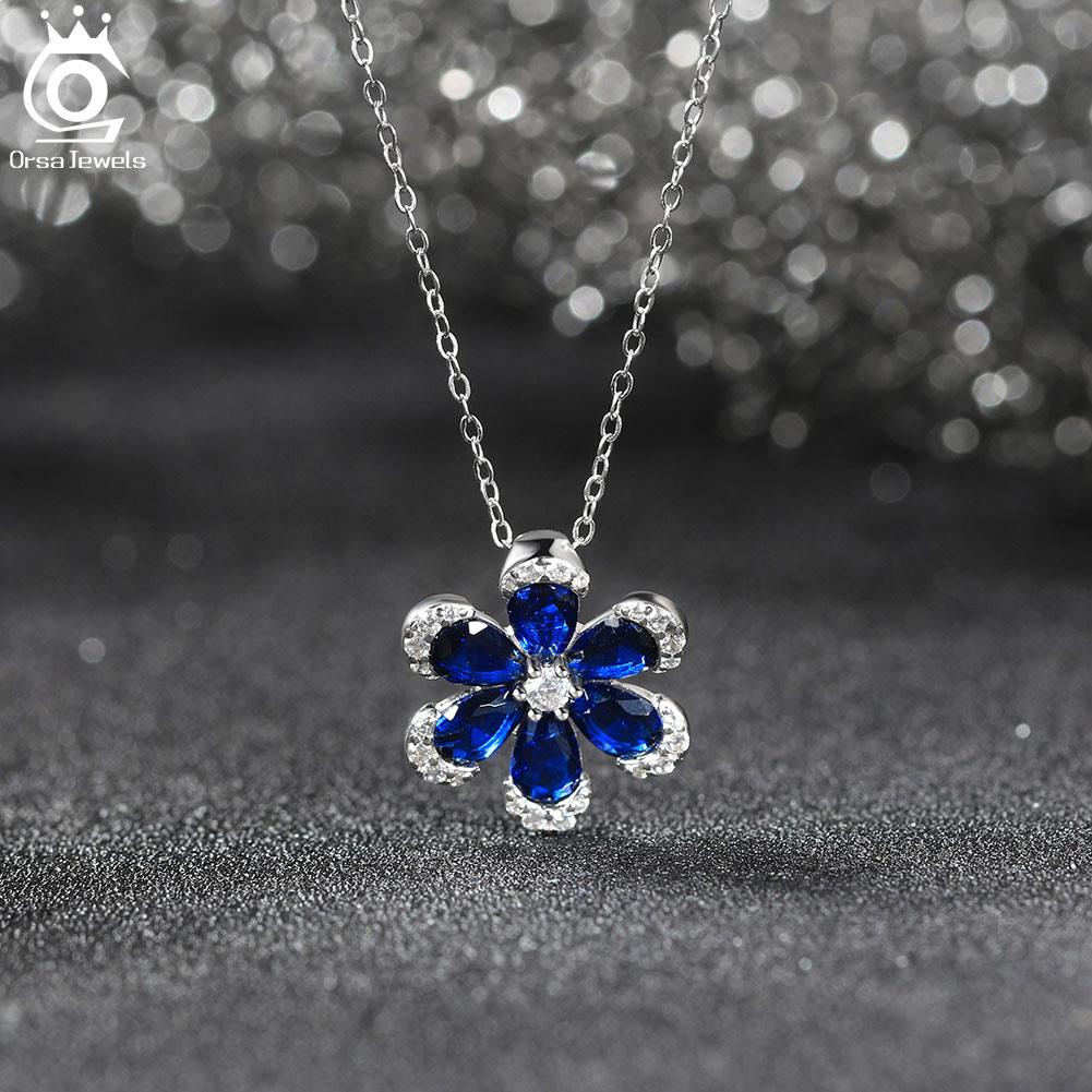 ORSA JEWELS Shiny Created Sapphire Flower Pendant 925 Silver 5A CZ Necklace Engagement Wedding Jewelry for Women LZN17
