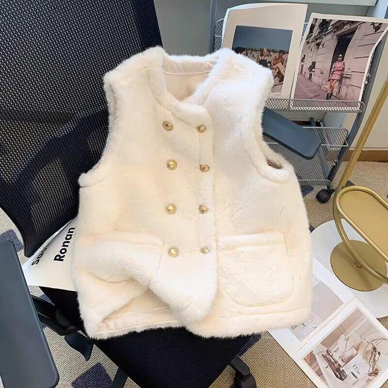Fashion Double-Breasted Faux Mink Vest for Women, Loose Fit Vest Coat