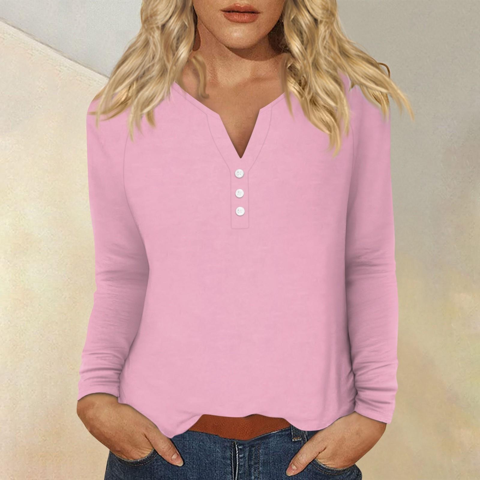 

Женская модная повседневная футболка с v-образным вырезом и длинным рукавом с принтом, топ на пуговицах S розовый