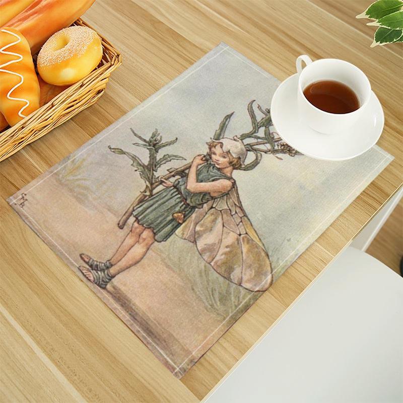 The Fairies Of The Winter Print Linen Dining Table Mats Alphabet Kitchen Placemat 30X45cm Coasters Pads Bowl Cup Mat