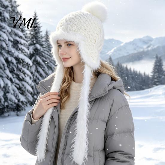 Outdoor Cycling Winter Hat Women Knitted Earflap Hat, Fuzzy Trim Pompom Soft Warm Small Face Effect Knit for Cycling, Cold Weather Daily Wear