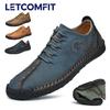 LETCOMFIT Men's Handmade Lightweight Loafers Vintage Style Stitched Blue Non-Slip Casual Dress Shoes Business Slip-On Footwear