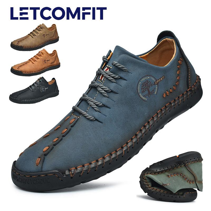 

LETCOMFIT Men s Handmade Lightweight Loafers Vintage Style Stitched Blue Non-Slip Casual Dress Shoes Business Slip-On Footwear 46 чорний