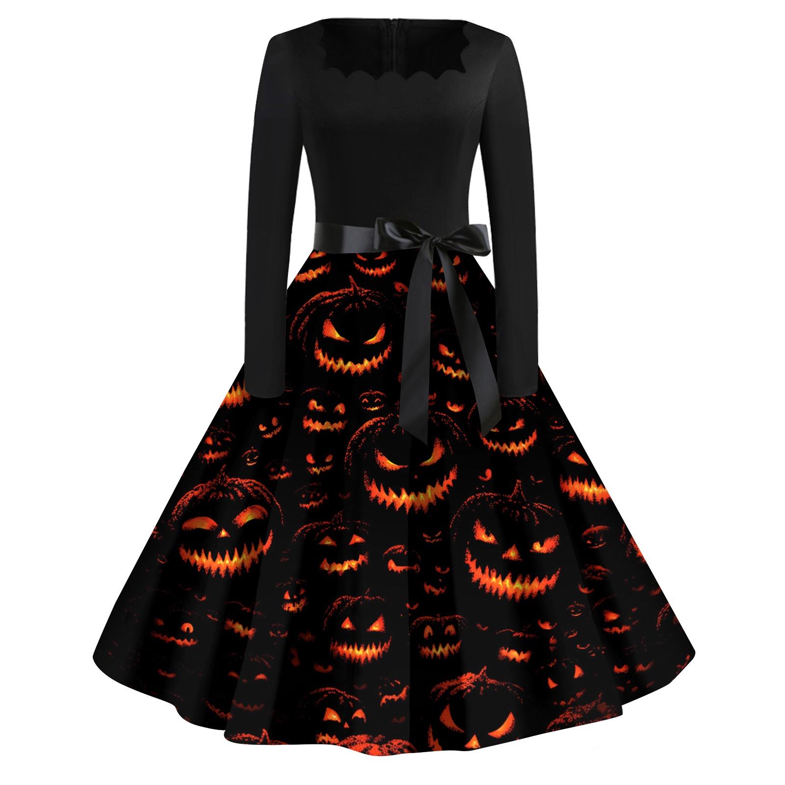 

Women s Casual Vintage Halloween Print Square Neck Long Sleeve Dress with Waist Bow Tie Retro Style Flared Skirt XL жовтий