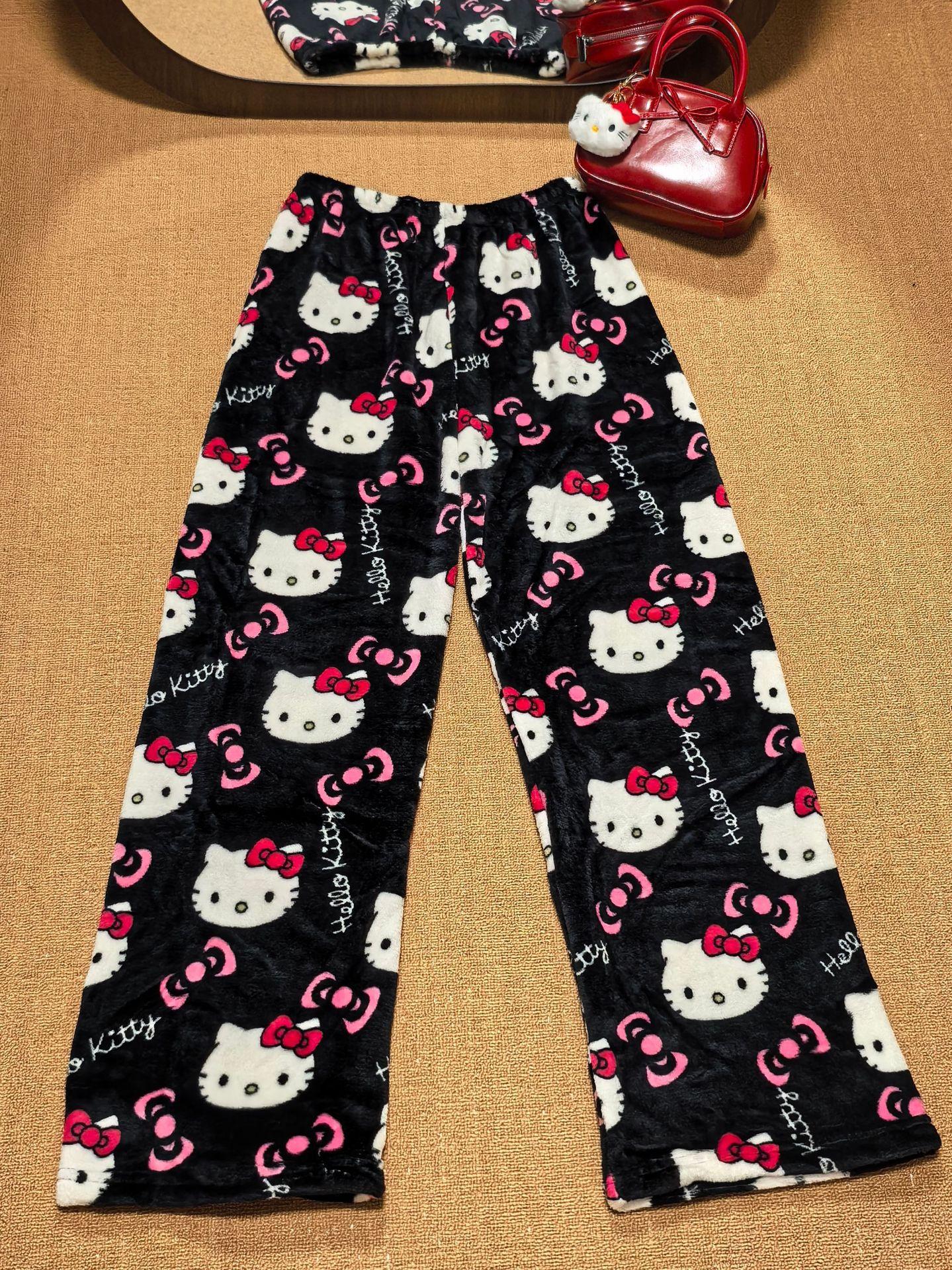 Pantaloni de Pijama Hello Kitty Mărimi Mari Pantaloni Drăguți de Casă cu Desene Animate pentru Femei Confortabili Largi Bumbac Fund de Pijama Vară Subțiri L white