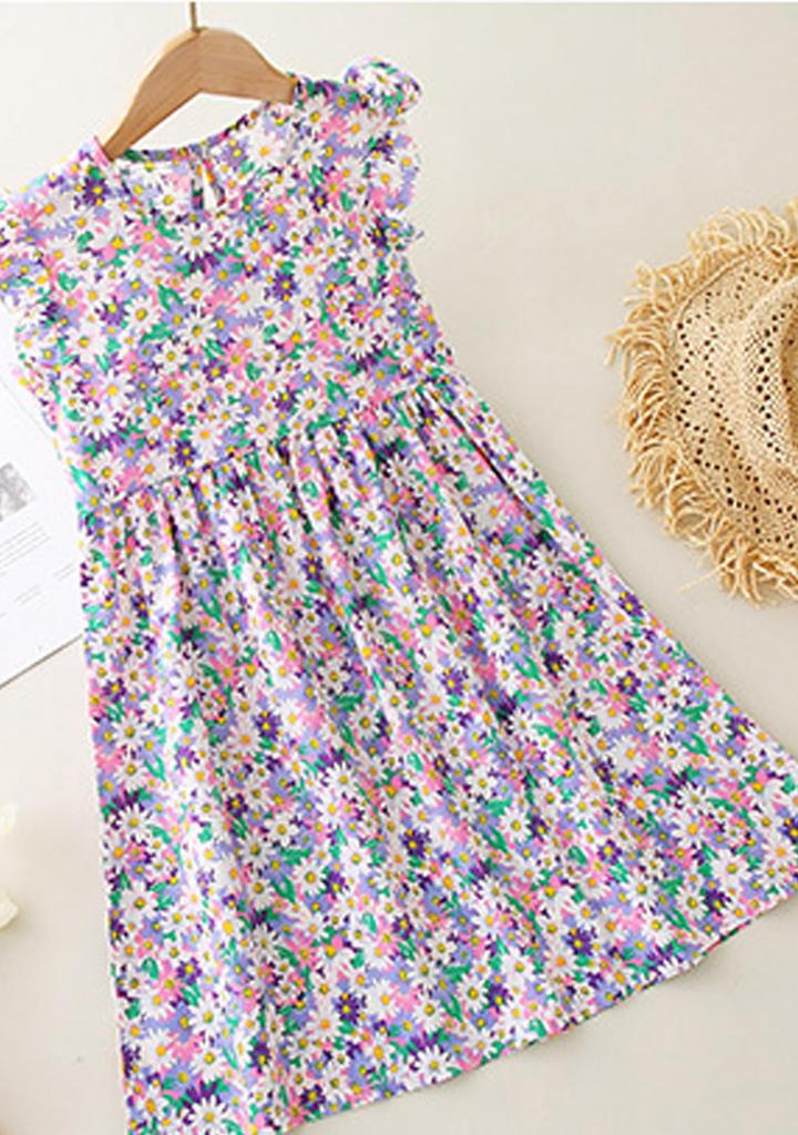 OMZIN Short Sleeve Dress for Sister Floral Print Size 120 Girls, Kids, Outfit, All-Over Print, Casual, Dress, Purple,