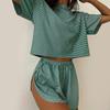 Women's Pajama Set Short Sleeve Striped Printed Two-piece Loungewear  Neck Pajamas Split Shorts Set Soft Sleepwear