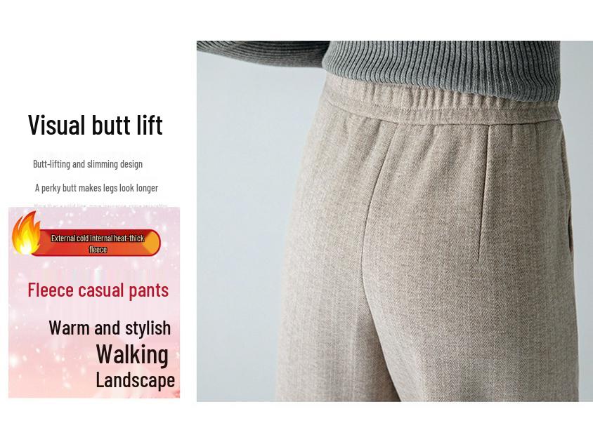 Damskie spodnie z wysokim stanem i podszewką z polaru 2025 - Wiosna/Jesień, Grube wełniane z prostymi nogawkami dla osób w średnim wieku i starszych