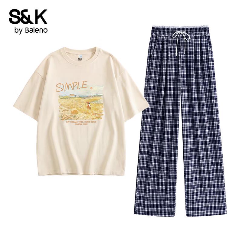 Baleno S&K Women s Pure Cotton T-shirt and Lace Plaid Pants Set L