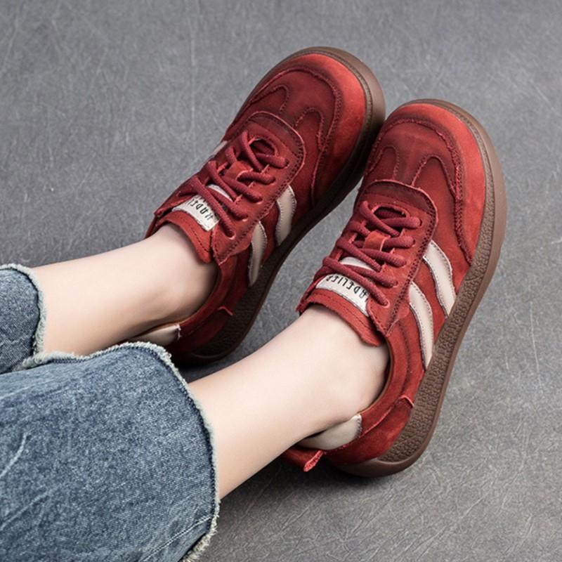Johnature Farbige Sneakers Bequeme flache Schnürschuhe Retro Echtleder Casual Damenschuhe