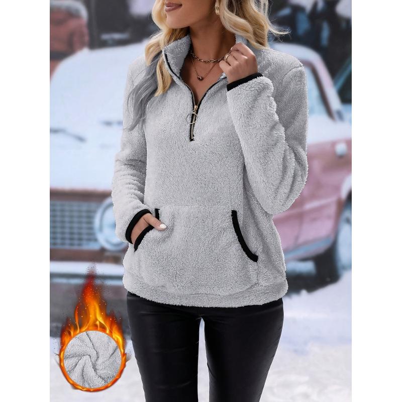 Independent Station New Autumn Winter Half Turtleneck Zipper Pocket Fashion Plush Sweatshirt for Women