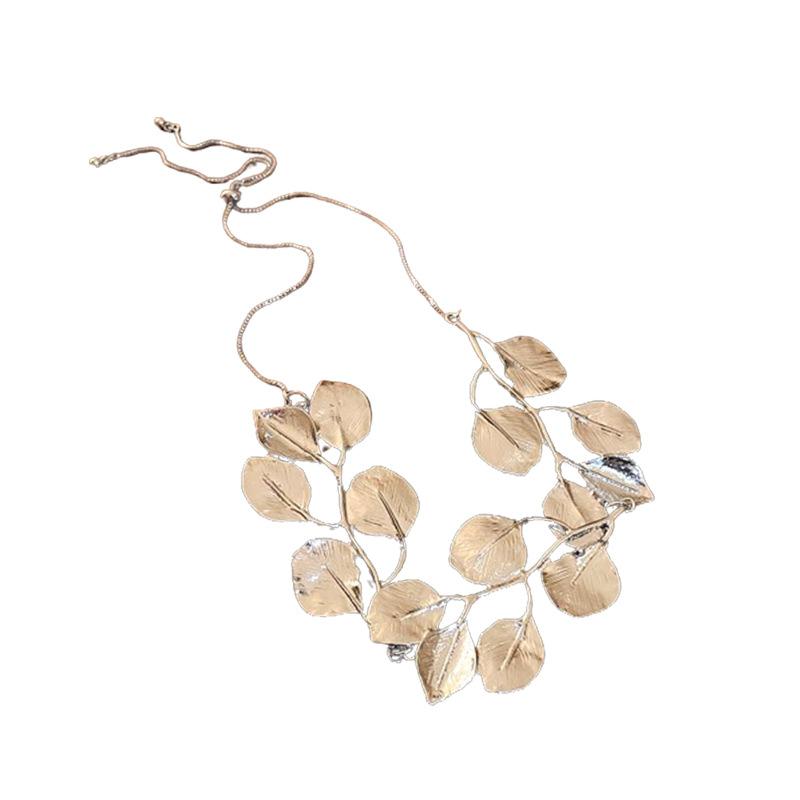 Metal Leaf Chain Pull Necklace European and American Personality Fashion Collarbone Chain Retro Exaggerated Design Jewelry