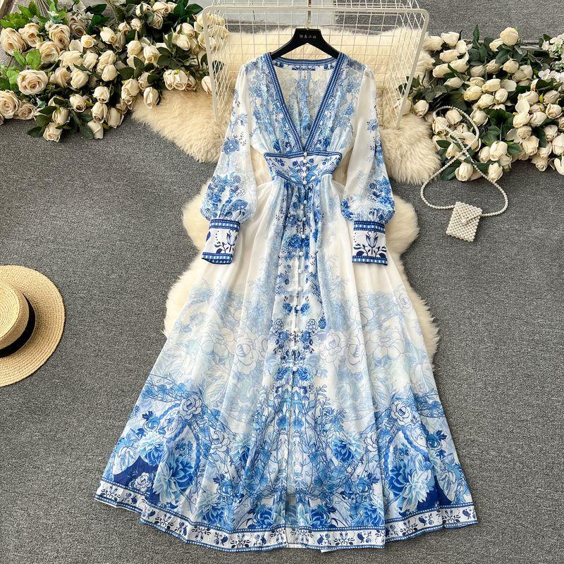 

European Style Palace Style Dress Sexy Deep V-neck Double-Breasted Waist Slimming Long Stylish Print Elegant Dress White 2XL