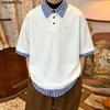 INCERUN Oversized Men Stitching Lapel Neck Short Sleeve Plaid Print Casual Texture T-shirts Tops