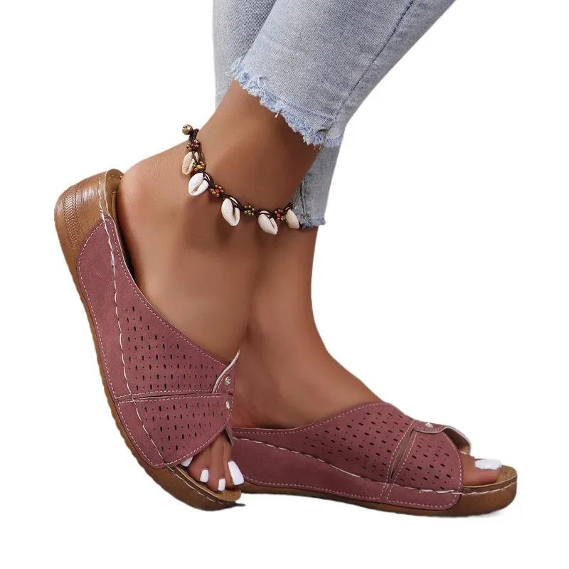 

2024 Горячая Распродажа Туфли для женщин с открытым носком Женские тапочки Повседневные тапочки для улицы Женские сандалии с круглым носком на танкетке Большие размеры для женщин 43 розовый