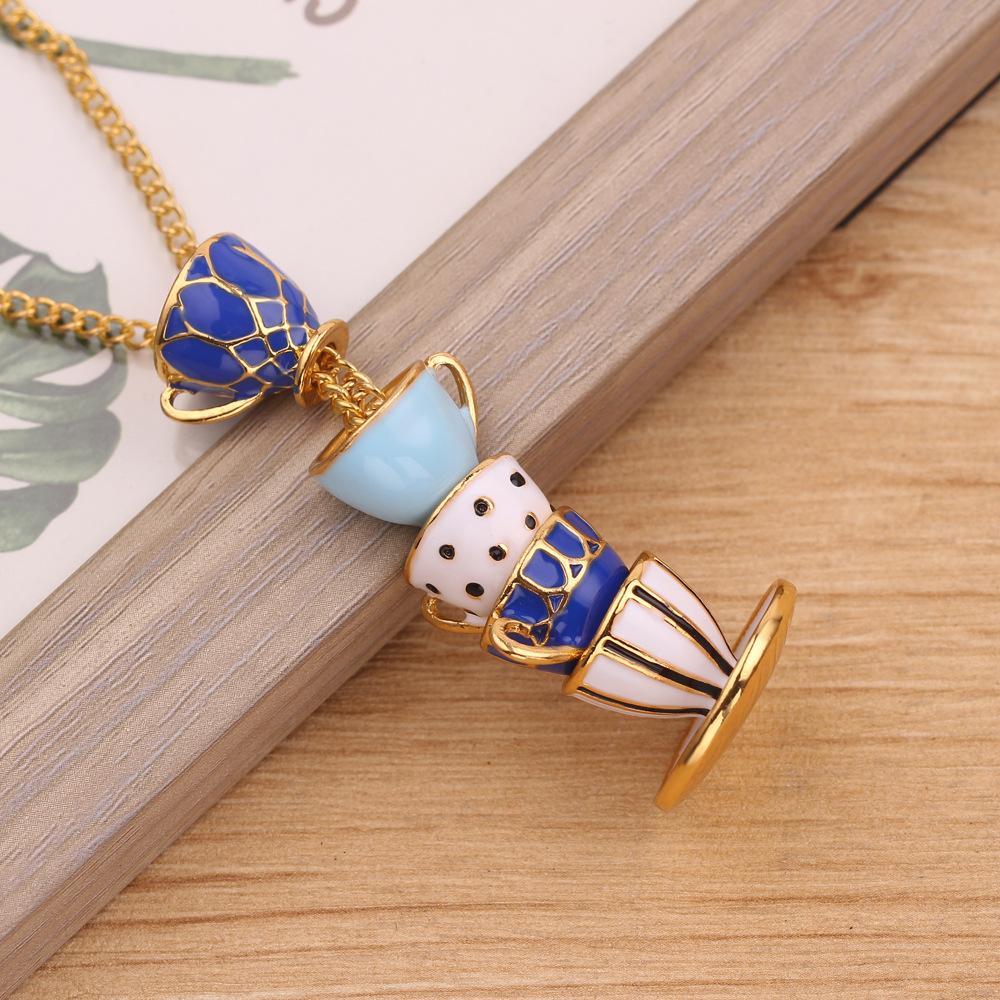 Fashion Accessories Enamel Glaze Teacup Earrings Long Necklace Sweater Chain Jewelry Women's Pendant