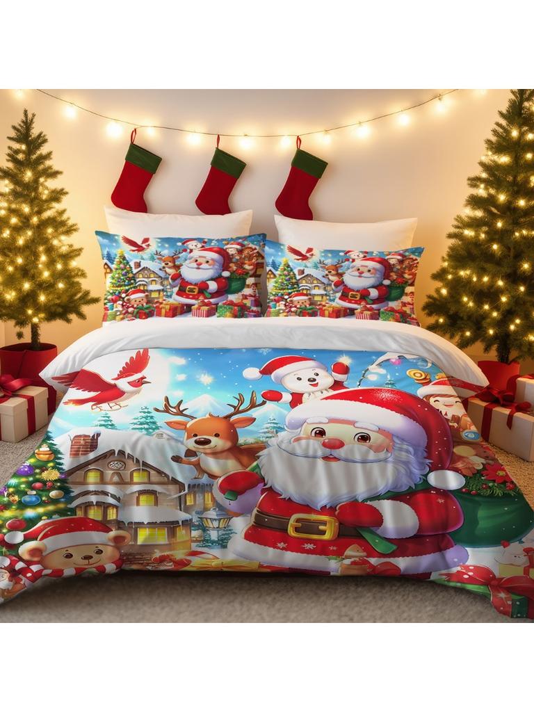 3pcs Cartoon Santa Claus Printed Chipless Bedding Set Bedroom Dormitory Soft Duvet Cover Multiple Sizes Machine Washable