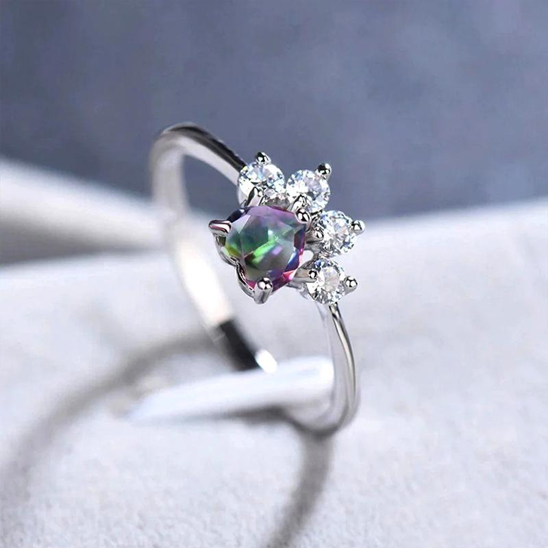 Cute Silver Color Cat Claw Zircon Ring Ladies Adjustable Ring for Ladies Party Birthday Female Rings with Colorful Love Cz
