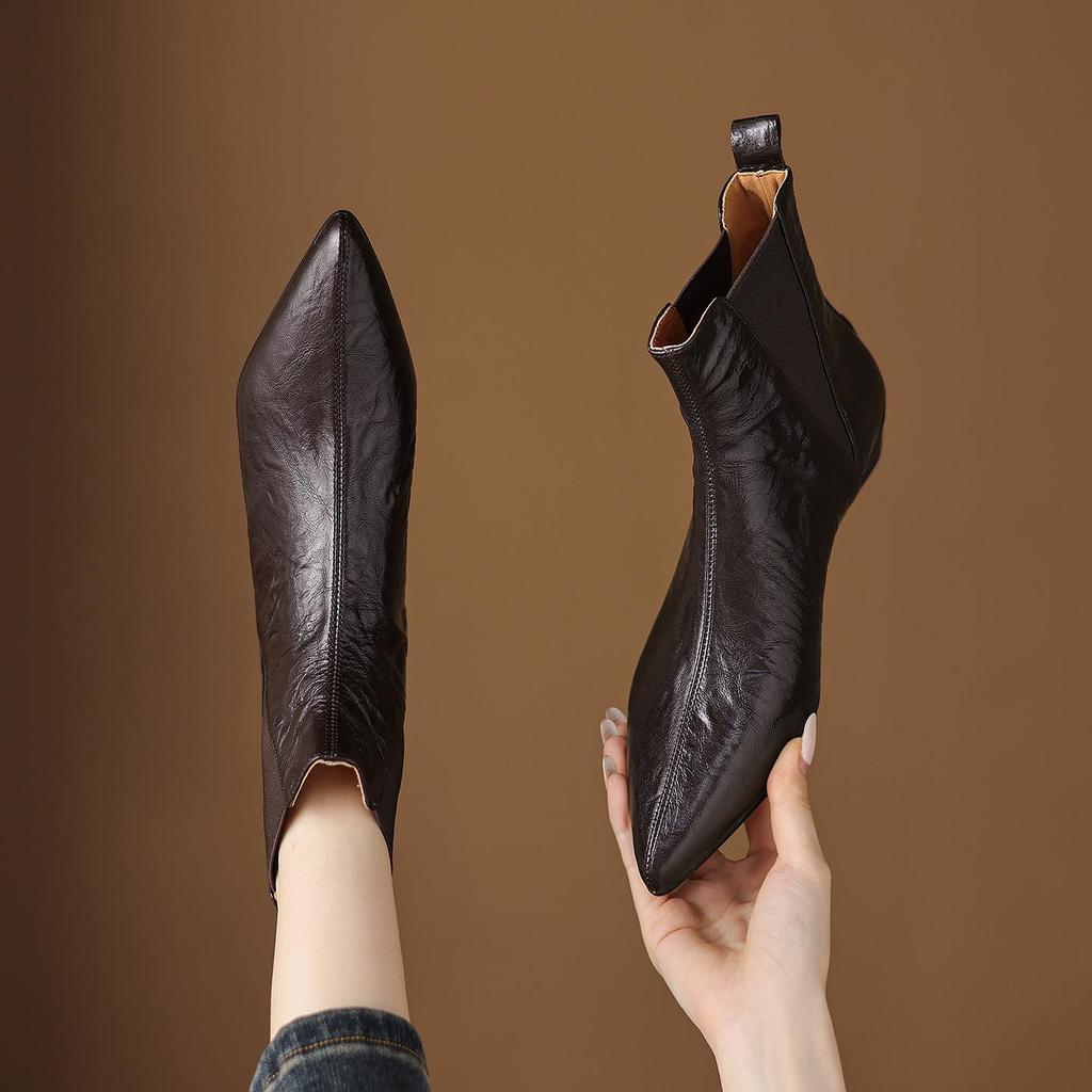 Krazing Pot Sheepskin Winter Pointed Toe Low Heels Chelsea Boots Women Slip On Elegant Women Ankle Boots