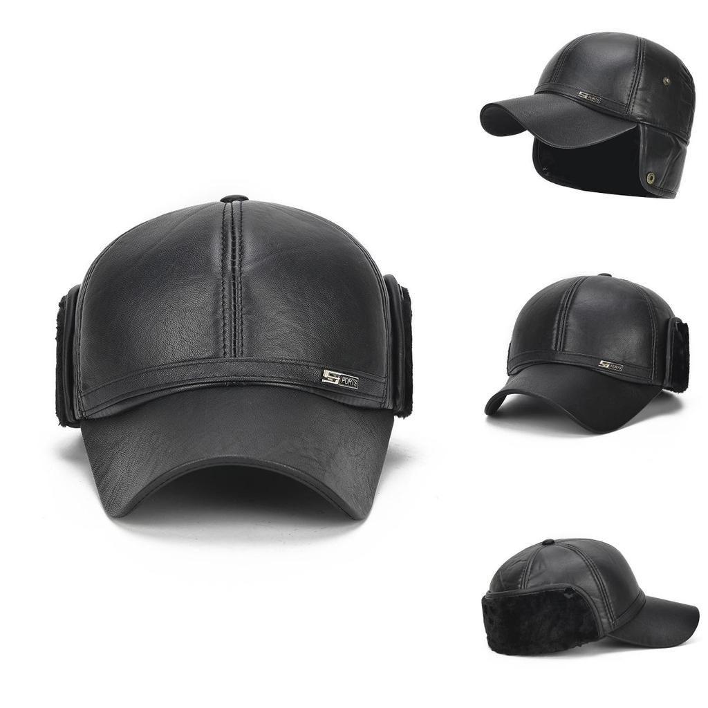Luxury Winter Elderly Men Faux Leather Bomber Trapper Hat Cap For Outdoor Warmth