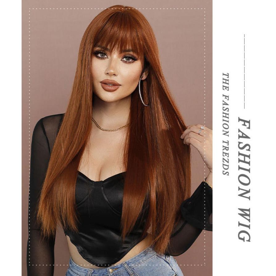 Women's Simulation Wig 70cm Hair Caramel Wig Long Straight Wig Full Headgear Rose Hair Net Headdress Beauty Decoration Wig