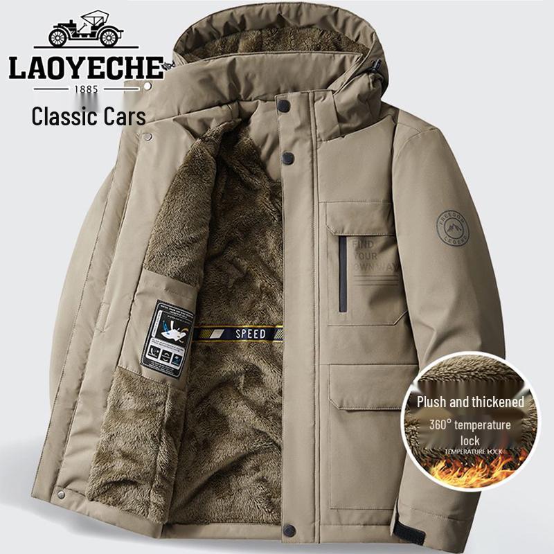 Klassische Herren Kapuzenjacke aus Baumwolle mit Fleecefutter - Warmer, Dicker Wintermantel mit mehreren Taschen für die Arbeitskleidung im Freien für die mittlere und ältere Generation