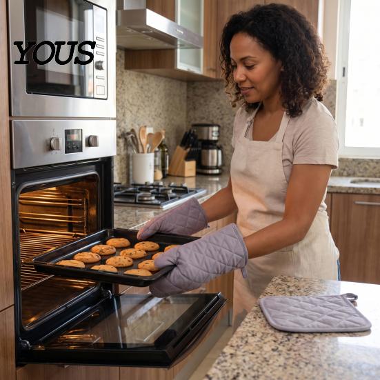Heat Resistant Oven Mitts 4Pcs and Pot Holders Set, Cotton Kitchen Gadgets for Home Gloves, Quilted Insulated Mats Baking Cooking Accessories