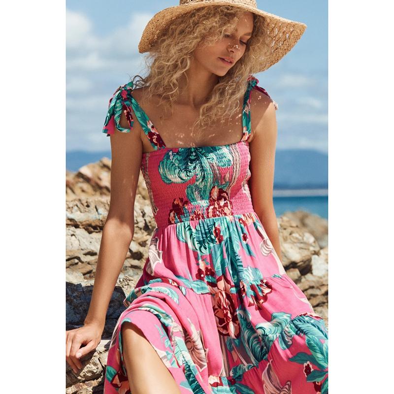 Vestido longo com estampa floral para mulheres, decote quadrado, cintura alta, sem mangas, vestido longo de verão, férias, praia, vestido respirável, fino, macio e confortável
