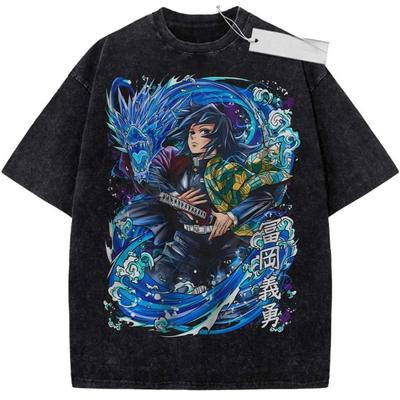 Vintage Washed TShirt Demon Slayer Anime Tomioka Giyuu Print Oversized Streetwear Top Casual Daily Wear for Men Women