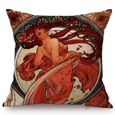 Vintage European Art Nouveau Mucha Gallery Decorative Sofa Pillow Cover Beautiful Beauty Girl Cotton Linen Luxury Cushion Cover