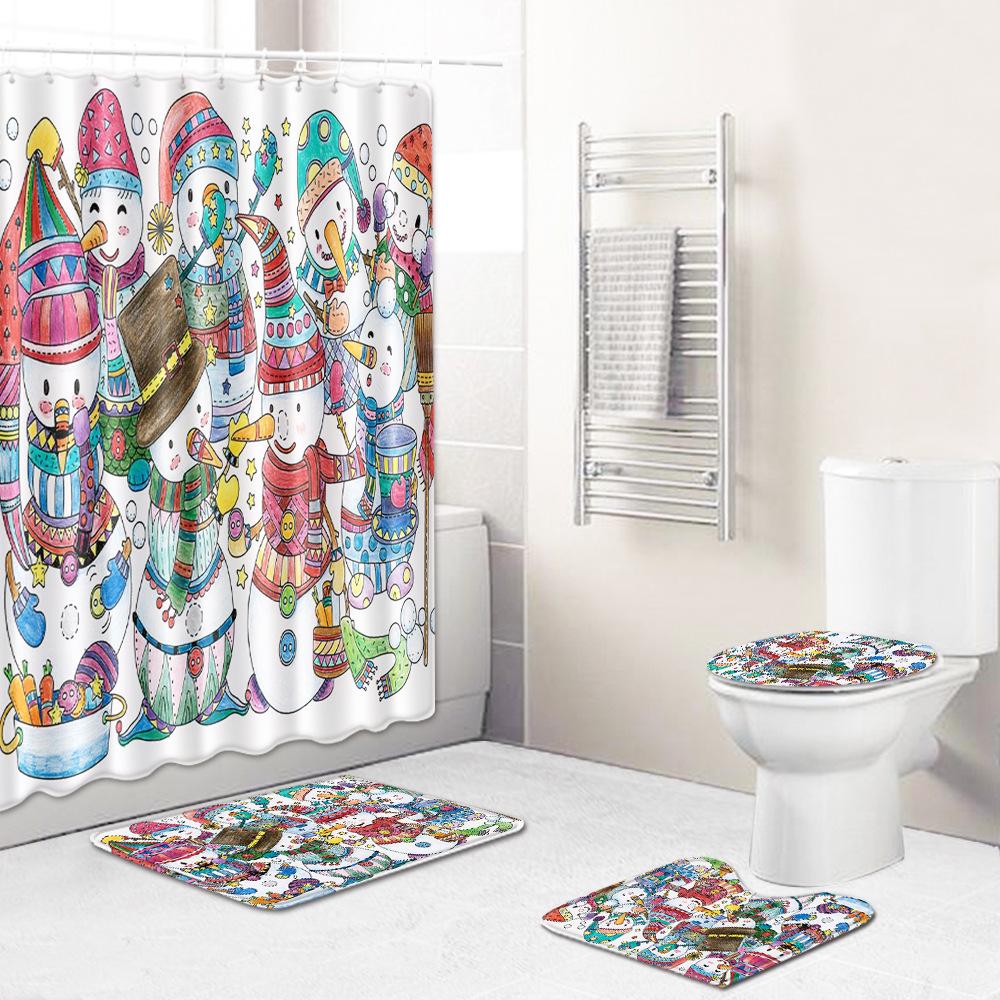Christmas Shower Curtain Four-Piece Toilet Floor Mat Non-Slip Doormat Water Absorption And Dust-Proof Carpet