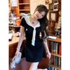 Dress with Ribbon Waist-Cinching Short Sleeves and Bodycon Skirt for Women, Early Spring College Style Sweet Youthful Waist-Cinching Short Dress