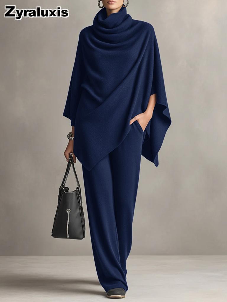 Damen Winter Kunstpelz Plüsch Nackenumhang Mantel Weitbeinige Hosen Set