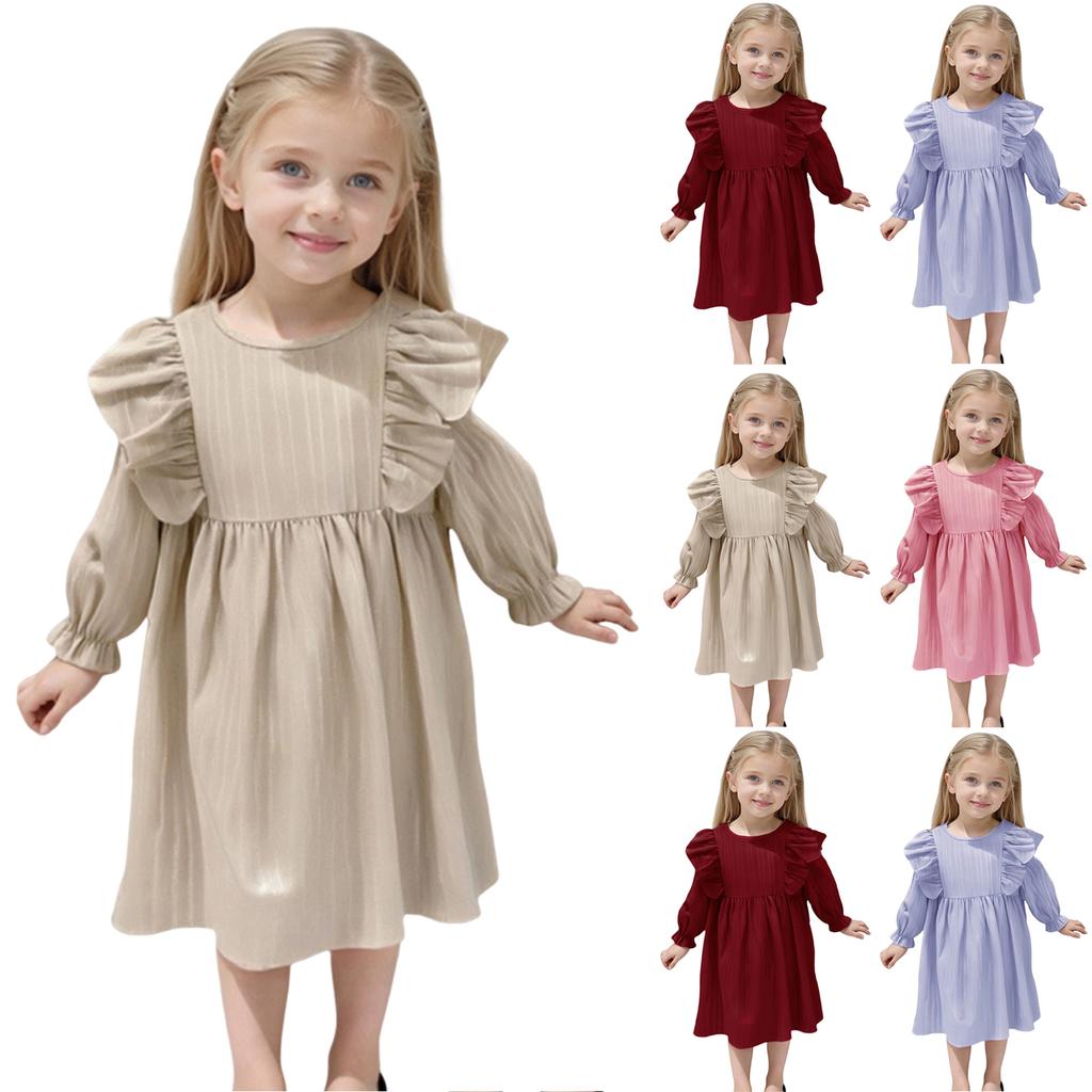 Girls' Fashion Cute Solid-Color Lace Flutter-Sleeve Princess Tiered Dress