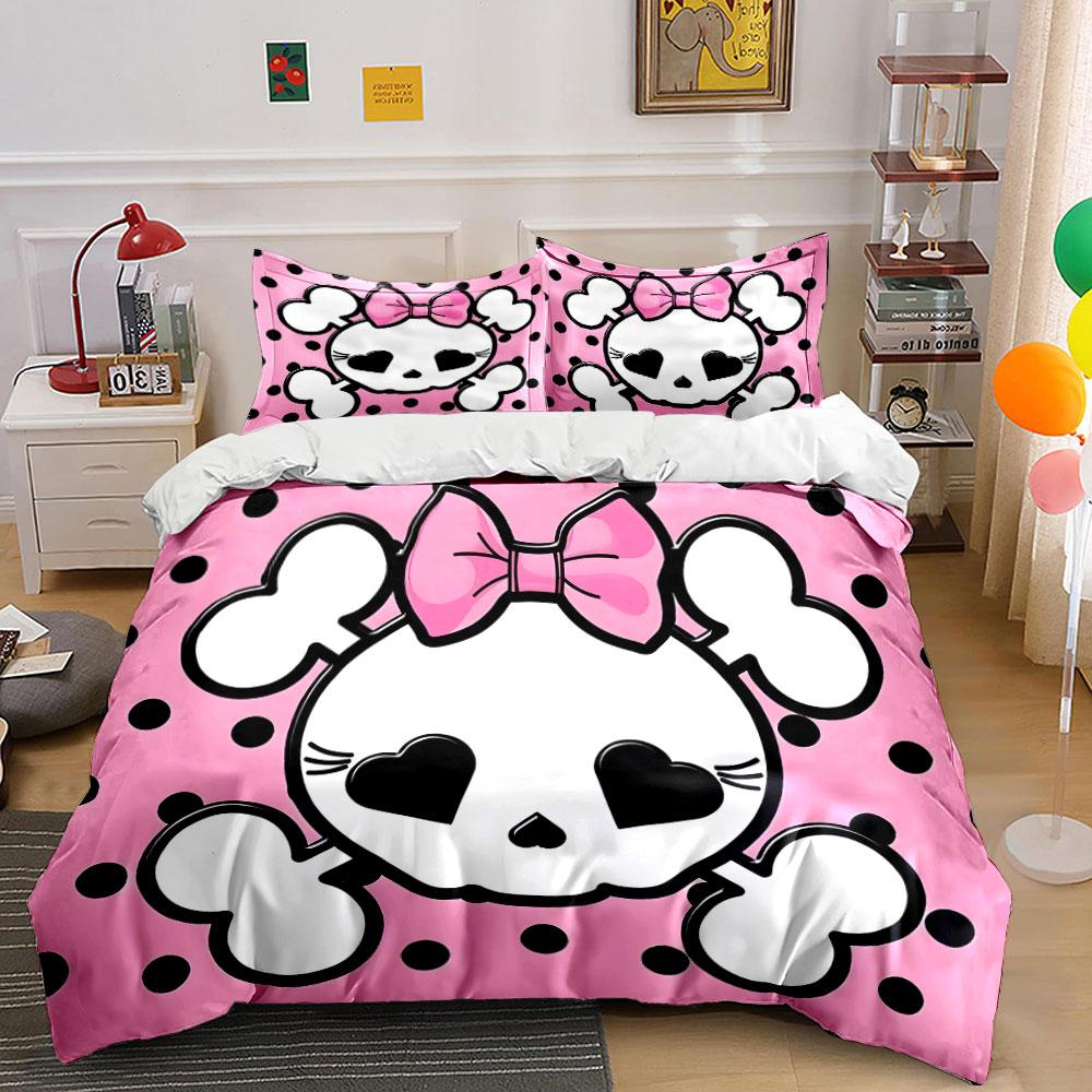 "Pink Skull Pattern Decoration Set" Soft Skin-Friendly Bedding Set Includes 1 Duvet Cover And 2 Pillowcase, Gift