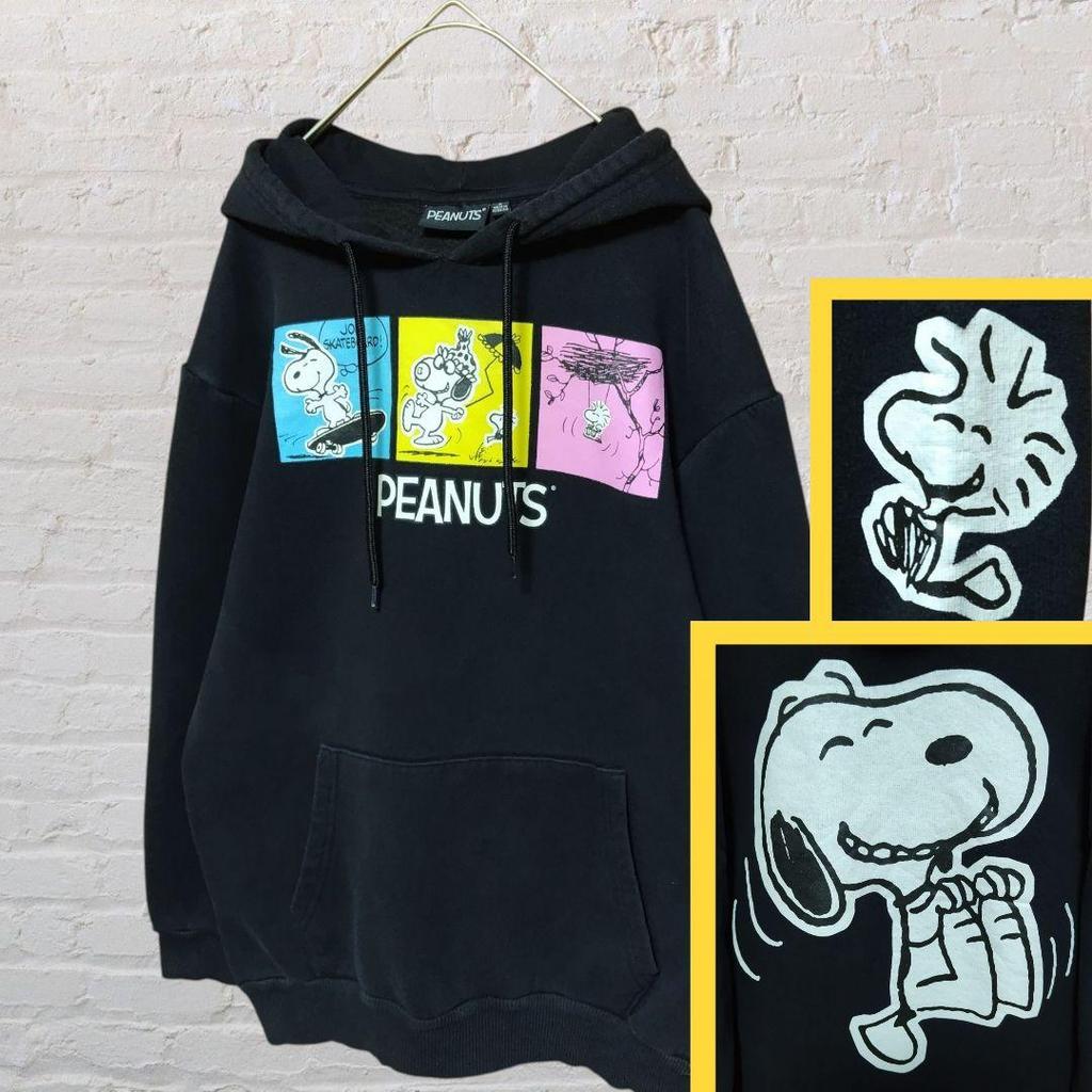 [USED] Peanuts Anime Woodstock Snoopy Print Hoodie Black