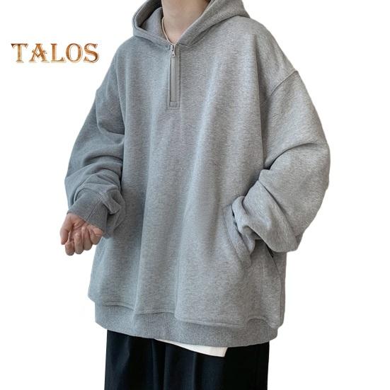 Fall Spring Men Hoodie Half Zipper Hooded Pockets Long Sleeves Loose Elastic Cuff Pure Color Pullover Thick Warm Daily Wear Top