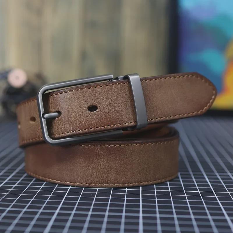 Cinto Masculino Retro de Couro de Vaca com Fivela de Pino – Cinto Casual Versátil para Jeans para Estilo Jovem e na Moda