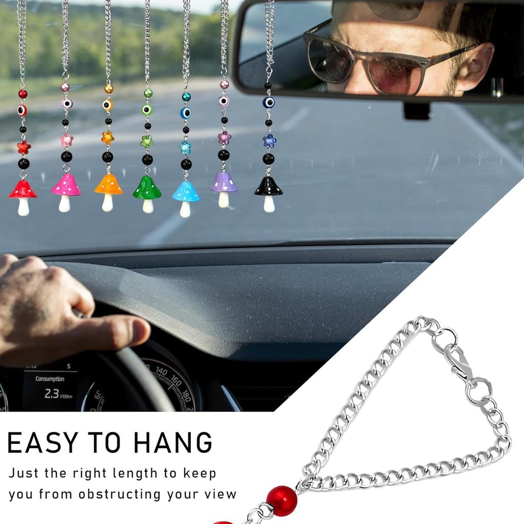 Car Rearview Mirror Mushroom Charm, Car Hanging Ornament Resin Mushroom Pendant for Women Girls, Lucky Mushroom Beaded Decor Universal Rear View