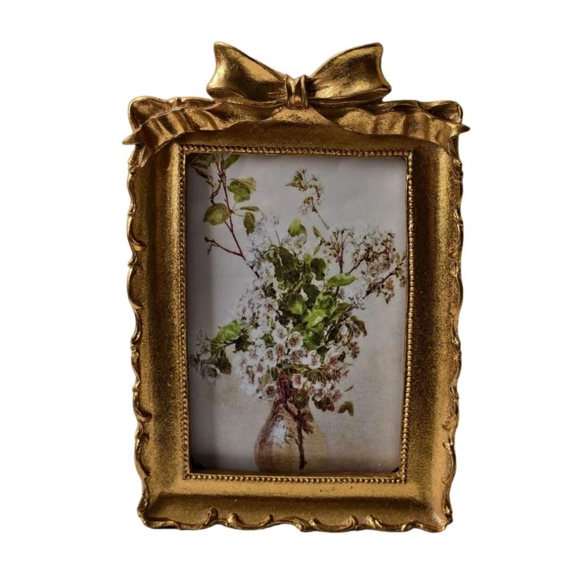 Decorative Tabletop Photo Frame with Antique Bowknot Detail, Resin Portrait Frame for Shelf Styling and Home Accent