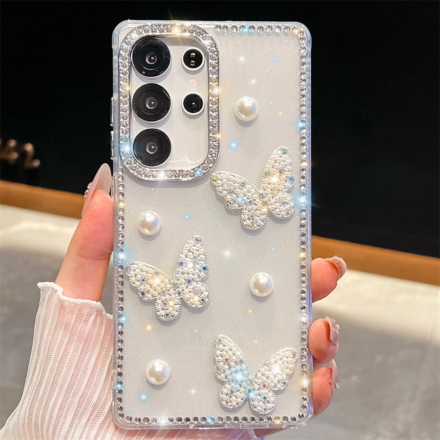 Pearl Butterfly Samsung A17 Mobile Phone Case Diamond Edge A26 Suitable for A35 Star Glitter A07 Three Dimensional A55 Women