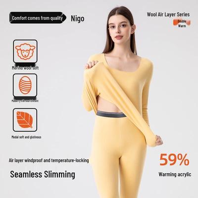 Ensemble Thermique Laine Soie Col Carré pour Femme - Sous-vêtements Chauds Première Couche pour Automne et Hiver