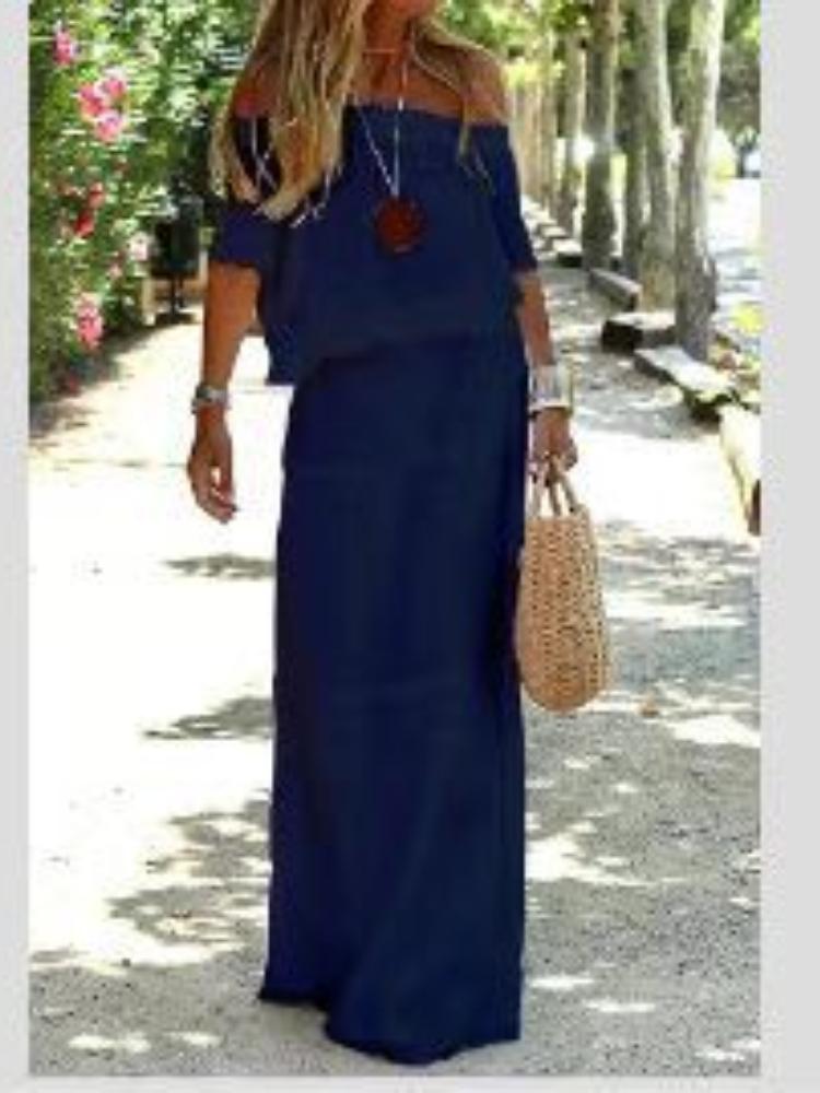 

Off Shoulder White Maxi Dress with Round Neckline Decoration, Long Sleeve Elegant Flowy Dress for Women XXXL темно-синього кольору