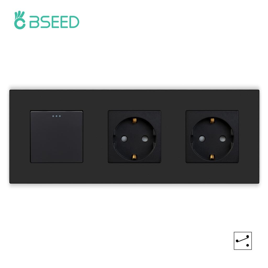 BSEED 1/2/3Gang Mechanical Button Switches 2Way For Stairs Plus EU Sockets USB Type-c Power Ports Matte Plastic Frames Black